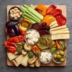 A vegetarian restaurant charcuterie board with marinated vegetables, olives, nuts, cheese, and crackers.