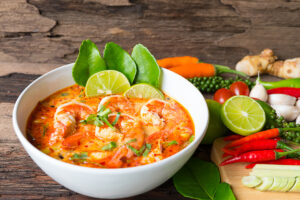 Spicy shrimp soup with lemongrass and kaffir lime leaves