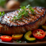 Grilled ribeye steak with chimichurri sauce and side dishes