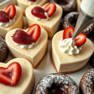 Heart-shaped cheesecakes topped with whipped cream and strawberries