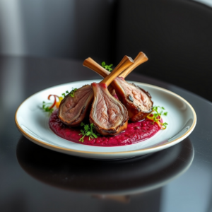 Plate featuring lamb chops with beetroot puree