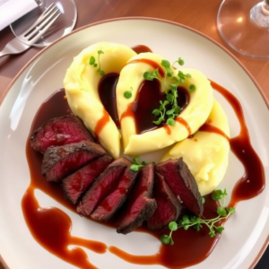 romantic dinner plate featuring heart-shaped mashed potatoes