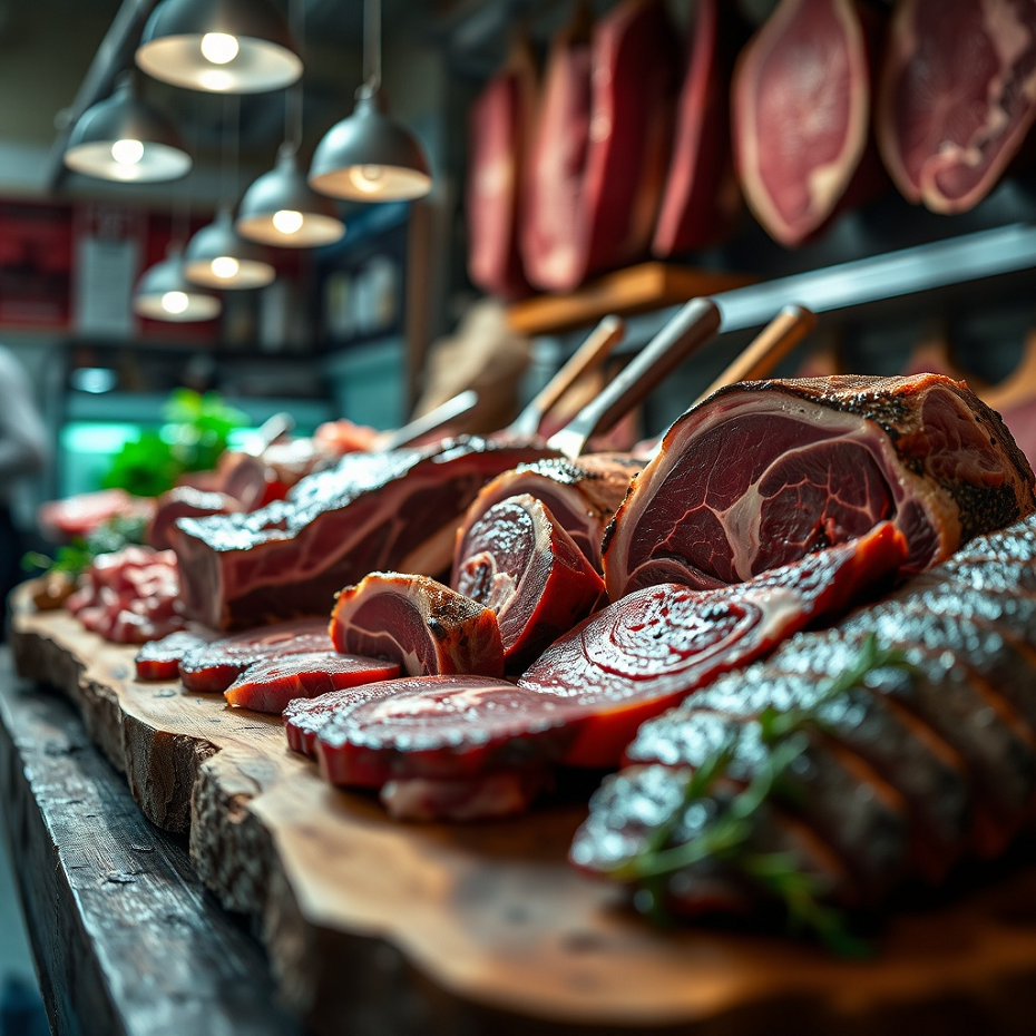 Artfully arranged premium meat cuts on a rustic board in a professional market.