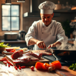 A chef preparing premium meat cuts in a modern kitchen