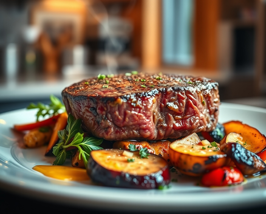 Premium steak dish with roasted vegetables in a modern Chicago kitchen